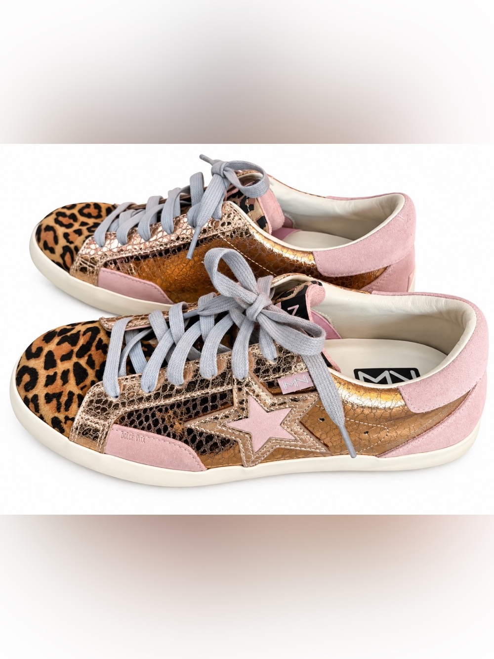 Mark Nason Metallic Gold & Leopard Sneakers with Pink Star size 8.5